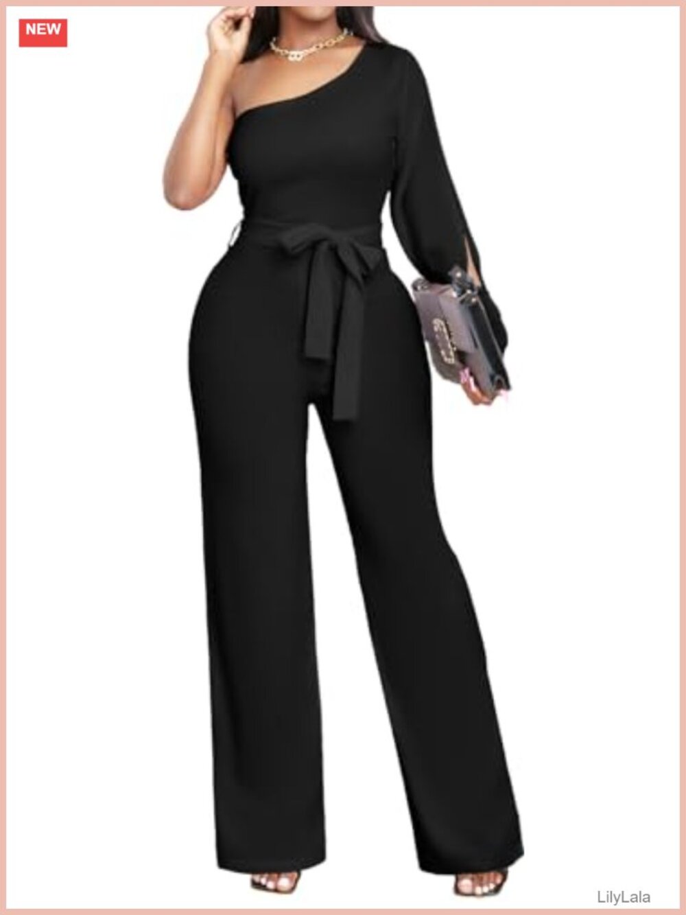 Formal One Shoulder Jumpsuit Long Straight Pants with Belt